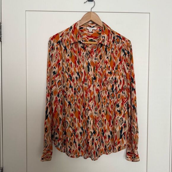 Beach Lunch Lounge Shirt Blouse Womens Sz M Orange Button Up Abstract Artsy Boho - Picture 1 of 11